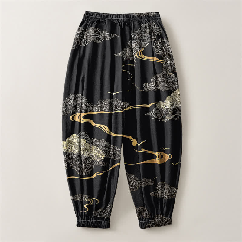Buddha Stones Pure Cotton Golden Cloud Pattern Drawstring Men's Harem Pants With Pockets - image 2
