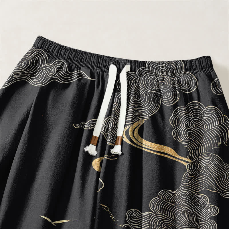 Buddha Stones Pure Cotton Golden Cloud Pattern Drawstring Men's Harem Pants With Pockets - image 3