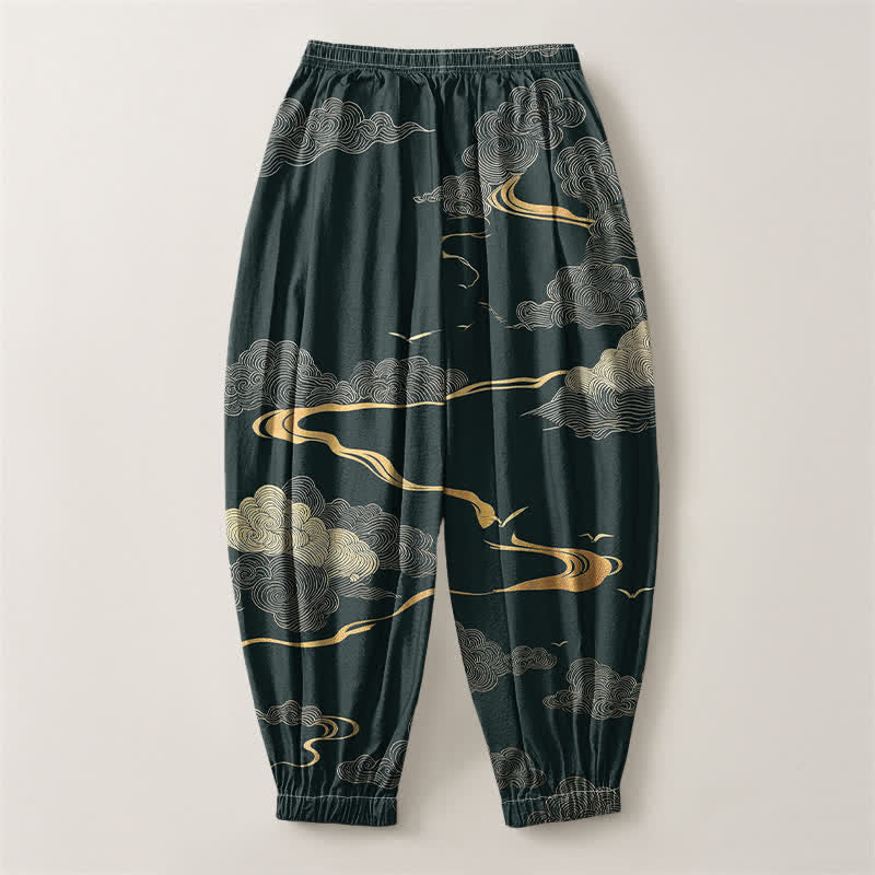 Buddha Stones Pure Cotton Golden Cloud Pattern Drawstring Men's Harem Pants With Pockets - image 8