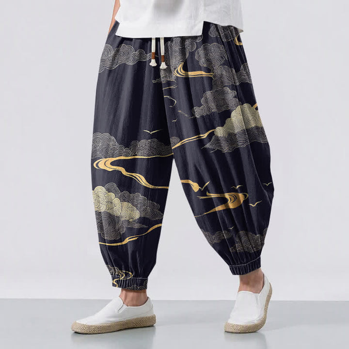 Buddha Stones Pure Cotton Golden Cloud Pattern Drawstring Men's Harem Pants With Pockets - Navy - US/UK/AU50，EU60 (5XL) - image 12