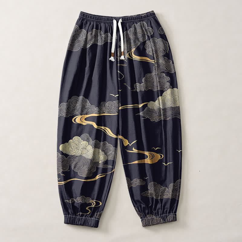 Buddha Stones Pure Cotton Golden Cloud Pattern Drawstring Men's Harem Pants With Pockets - image 13