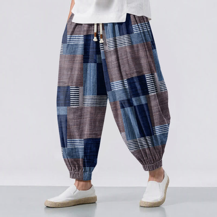 Buddha Stones Pure Cotton Patchwork Plaid Stripe Pattern Drawstring Men's Harem Pants With Pockets - Navy - US/UK/AU50，EU60 (5XL) - image 6