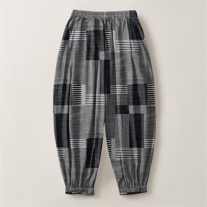 Buddha Stones Pure Cotton Patchwork Plaid Stripe Pattern Drawstring Men's Harem Pants With Pockets - image 14
