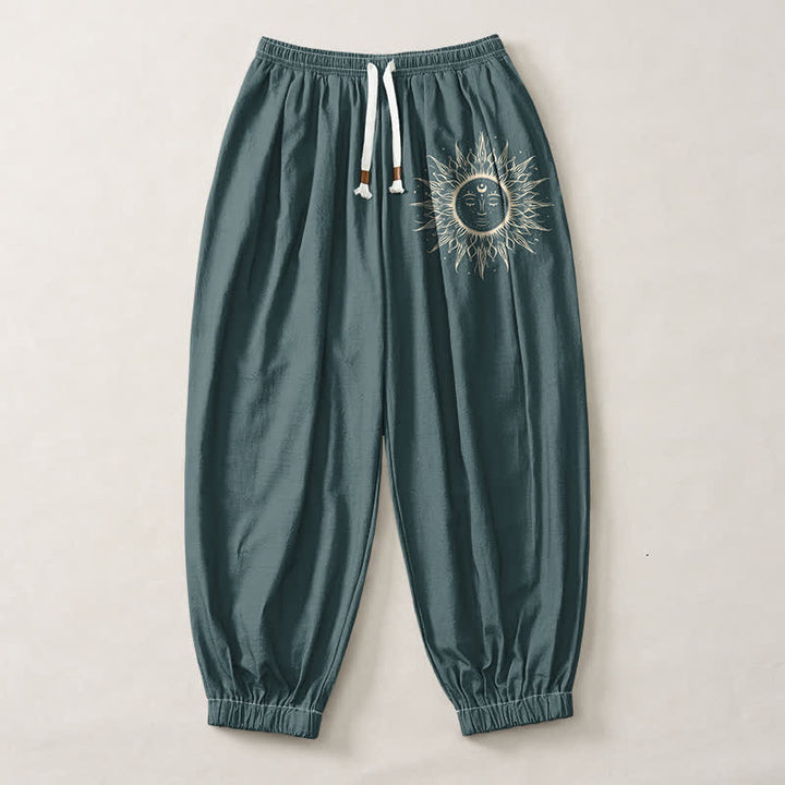 Buddha Stones Pure Cotton Sun Face Pattern Drawstring Men's Harem Pants With Pockets - image 13