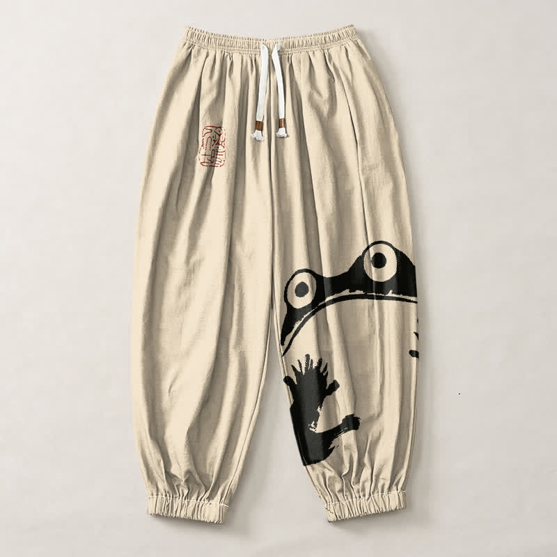 Buddha Stones Pure Cotton Playful Frog Pattern Drawstring Men's Harem Pants With Pockets - image 1