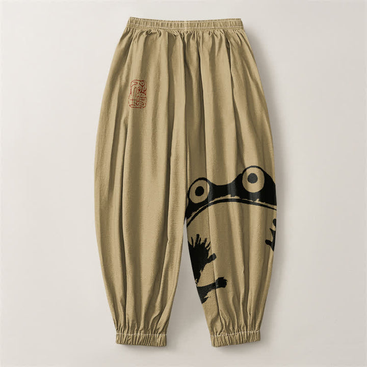 Buddha Stones Pure Cotton Playful Frog Pattern Drawstring Men's Harem Pants With Pockets - image 8