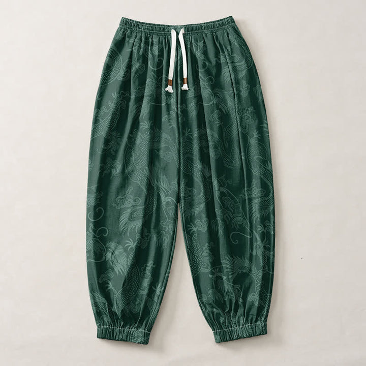 Buddha Stones Pure Cotton Mythic Dragon Auspicious Clouds Pattern Drawstring Men's Harem Pants With Pockets - image 13
