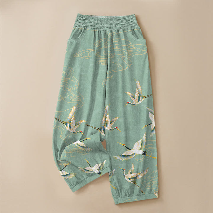 Buddha Stones Cotton Oriental Crane Cloud Pattern Pleated Elastic Waist Women's Harem Pants With Pockets - image 3