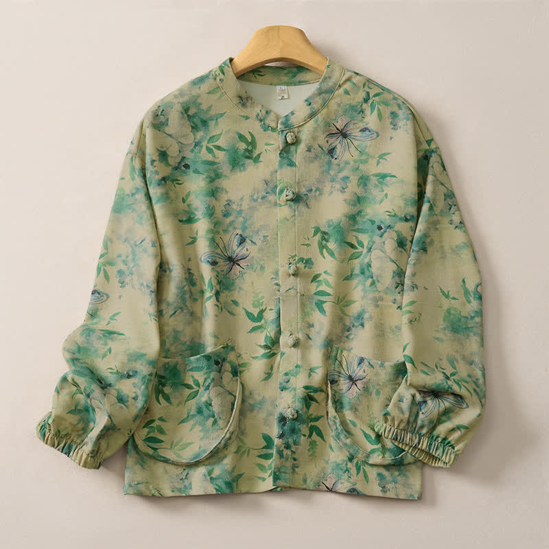 Buddha Stones Fall Winter Vintage Tang Style Mandarin Collar Floral Women's Jacket With Pocket - PaleGreen - US8-10, UK/AU12-14, EU40-42 (2XL) - image 8