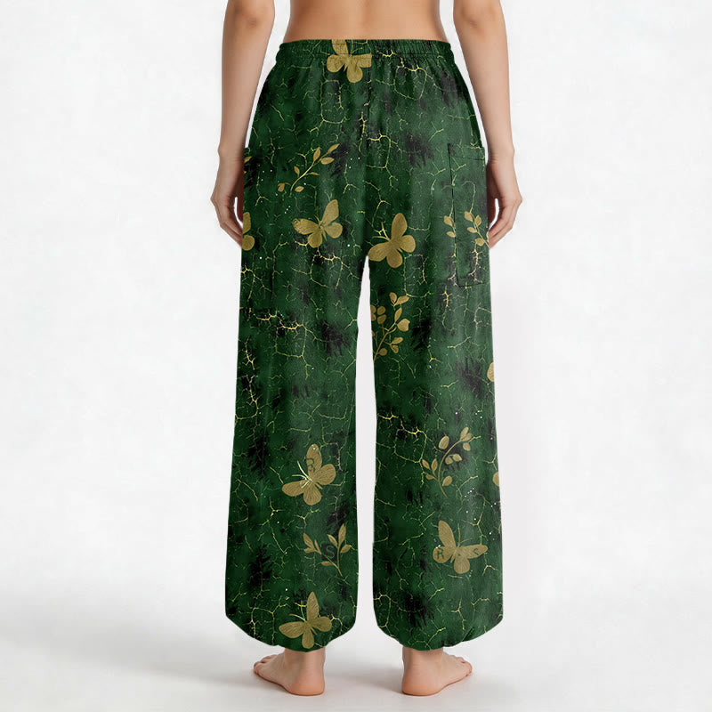 Buddha Stones Cotton Botanical Butterfly Crackle Pattern Women's Elastic Waist Harem Pants With Side Pockets - image 2
