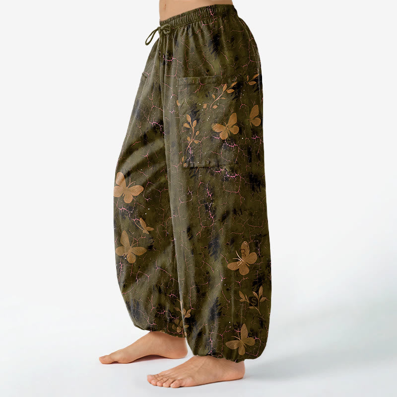 Buddha Stones Cotton Botanical Butterfly Crackle Pattern Women's Elastic Waist Harem Pants With Side Pockets - image 8