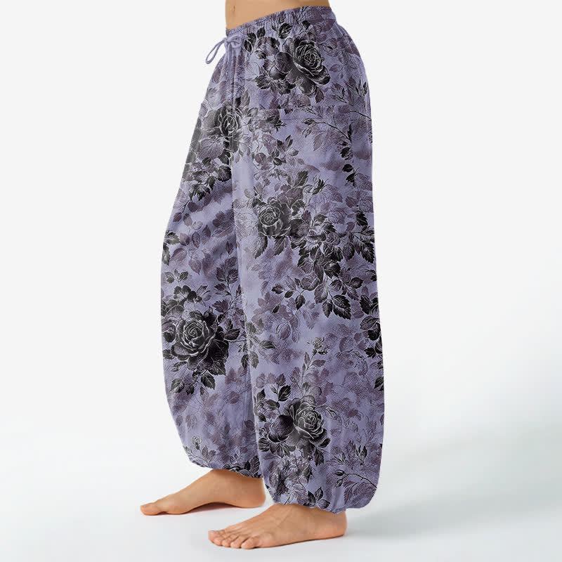 Buddha Stones Cotton Vintage Black Floral Pattern Women's Elastic Waist Harem Pants With Side Pockets - image 8