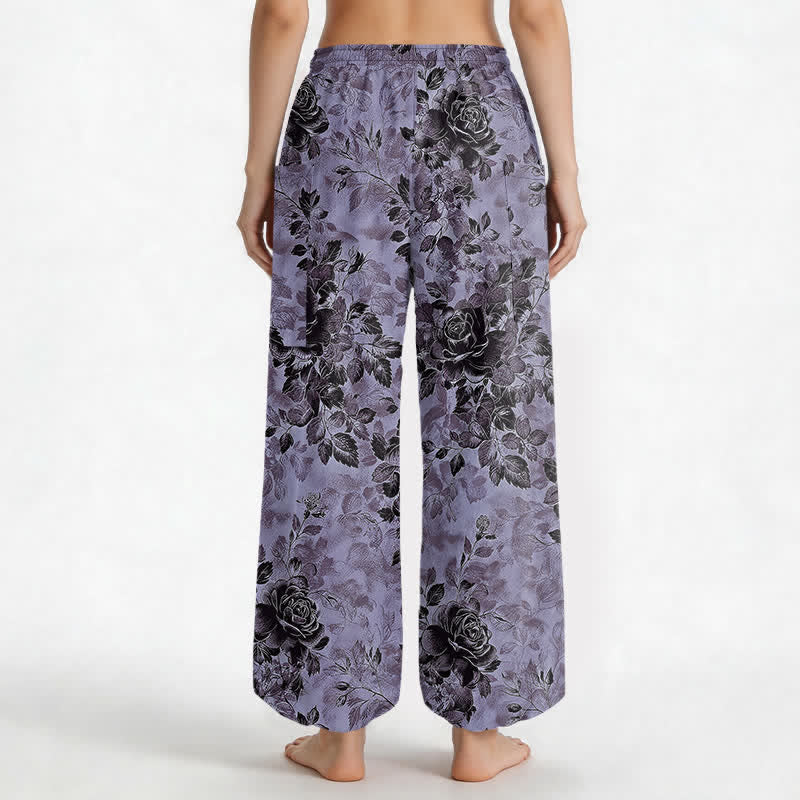 Buddha Stones Cotton Vintage Black Floral Pattern Women's Elastic Waist Harem Pants With Side Pockets - image 9