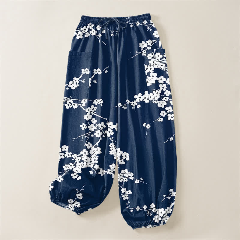 Buddha Stones Cotton White Plum Blossom Pattern Women's Elastic Waist Harem Pants With Side Pockets - image 3