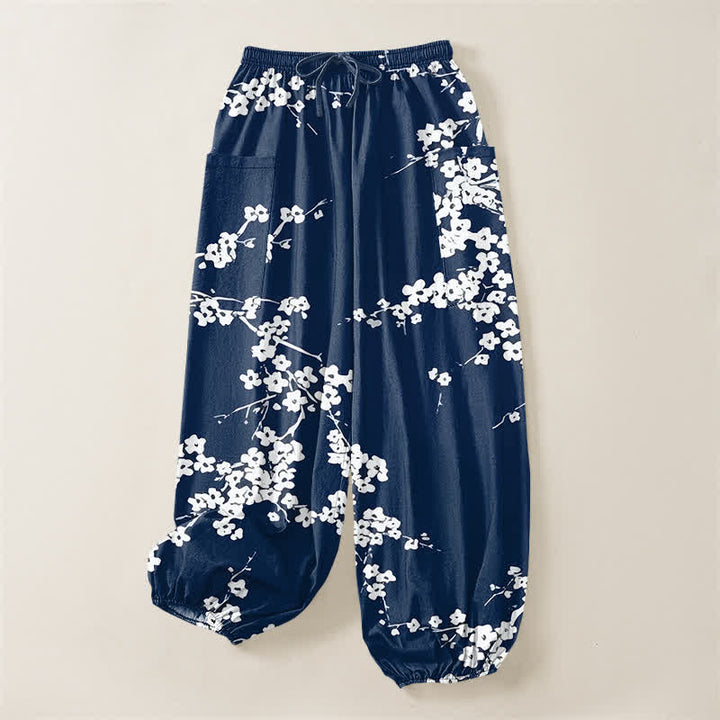 Buddha Stones Cotton White Plum Blossom Pattern Women's Elastic Waist Harem Pants With Side Pockets - image 3