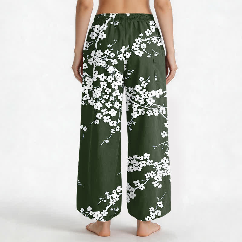 Buddha Stones Cotton White Plum Blossom Pattern Women's Elastic Waist Harem Pants With Side Pockets - image 9