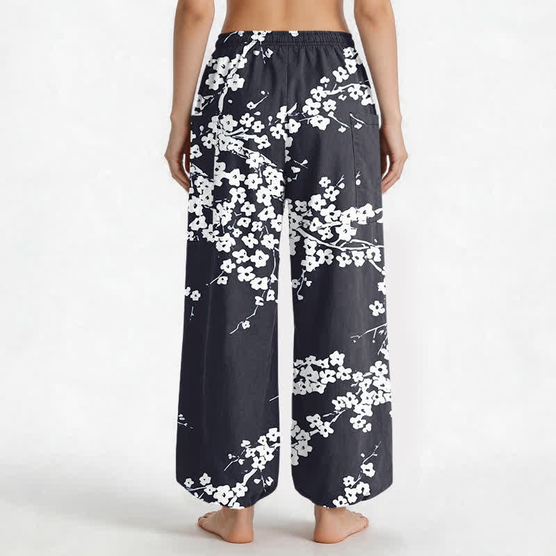 Buddha Stones Cotton White Plum Blossom Pattern Women's Elastic Waist Harem Pants With Side Pockets - image 12