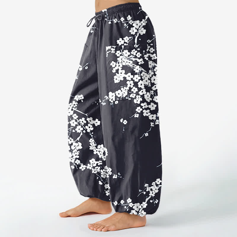 Buddha Stones Cotton White Plum Blossom Pattern Women's Elastic Waist Harem Pants With Side Pockets - image 11