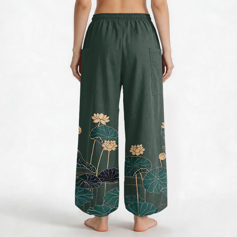Buddha Stones Cotton Zen Lotus Garden Pattern Women's Elastic Waist Harem Pants With Side Pockets - image 2