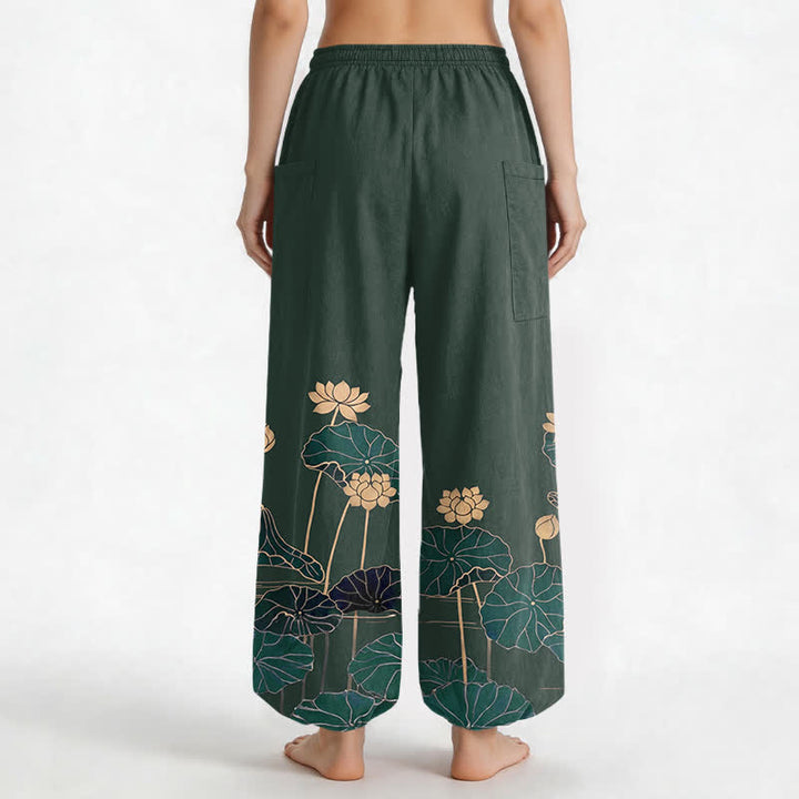 Buddha Stones Cotton Zen Lotus Garden Pattern Women's Elastic Waist Harem Pants With Side Pockets - image 2