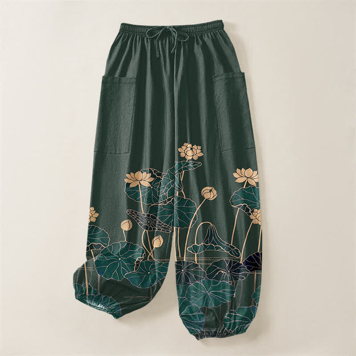 Buddha Stones Cotton Zen Lotus Garden Pattern Women's Elastic Waist Harem Pants With Side Pockets - image 3