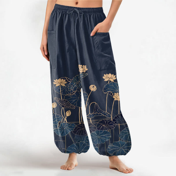 Buddha Stones Cotton Zen Lotus Garden Pattern Women's Elastic Waist Harem Pants With Side Pockets - Navy - US16，UK/AU20，EU48 (3XL) - image 7