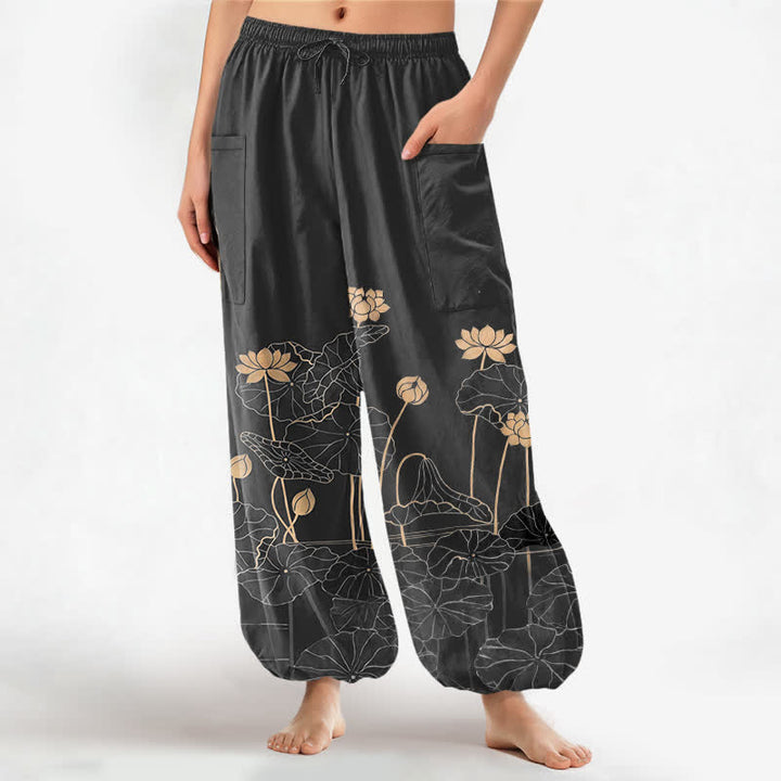 Buddha Stones Cotton Zen Lotus Garden Pattern Women's Elastic Waist Harem Pants With Side Pockets - Black - US16，UK/AU20，EU48 (3XL) - image 10