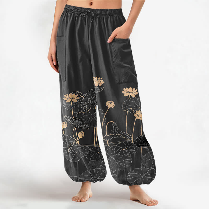 Buddha Stones Cotton Zen Lotus Garden Pattern Women's Elastic Waist Harem Pants With Side Pockets - Black - US16，UK/AU20，EU48 (3XL) - image 10