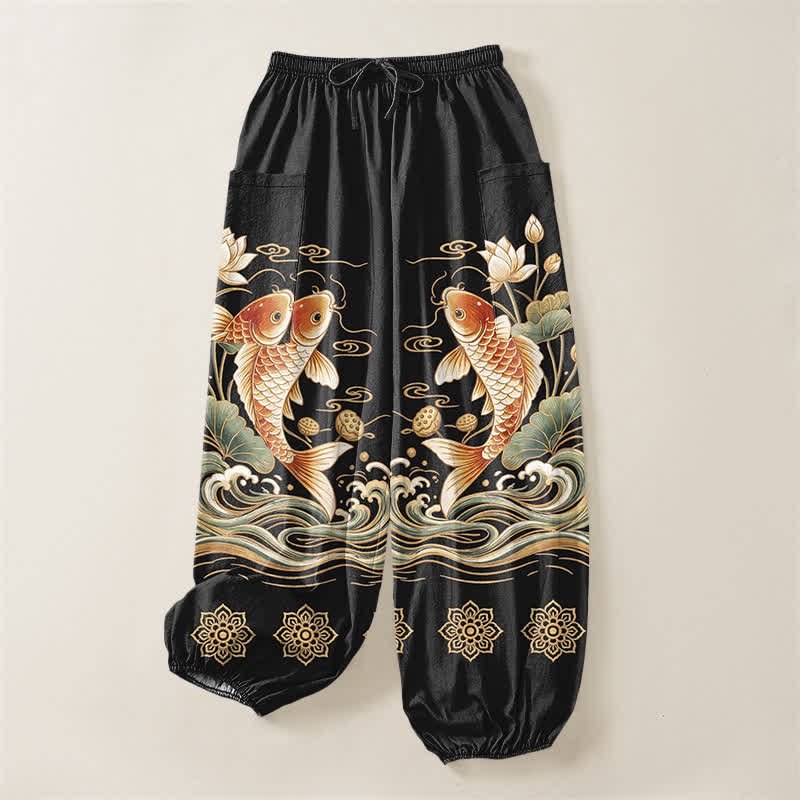 Buddha Stones Cotton Golden Koi Lotus Wave Pattern Women's Elastic Waist Harem Pants With Side Pockets - image 3