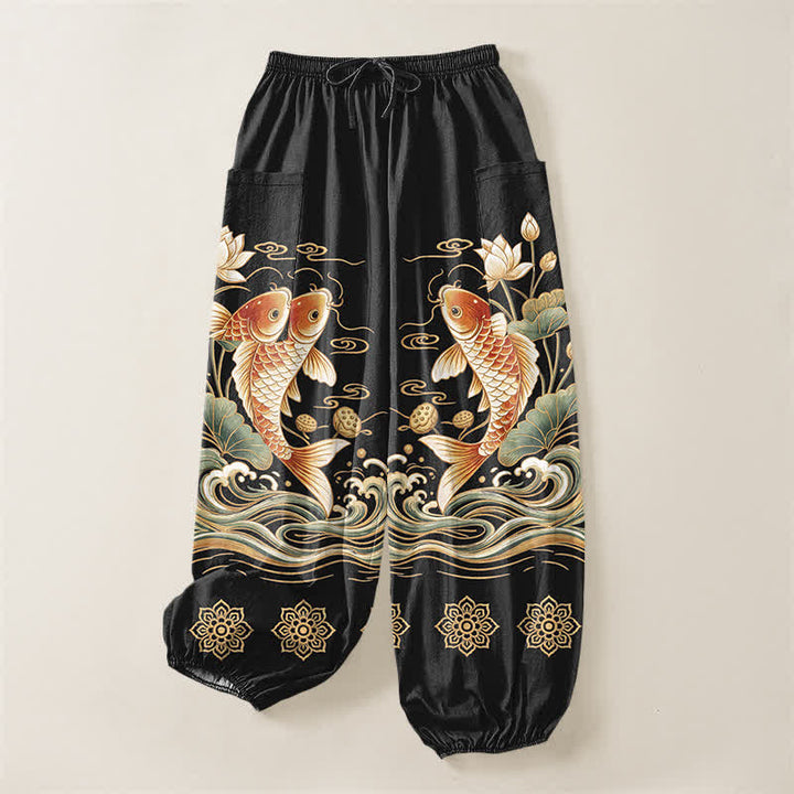 Buddha Stones Cotton Golden Koi Lotus Wave Pattern Women's Elastic Waist Harem Pants With Side Pockets - image 3