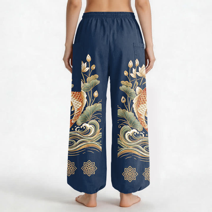 Buddha Stones Cotton Golden Koi Lotus Wave Pattern Women's Elastic Waist Harem Pants With Side Pockets - image 9