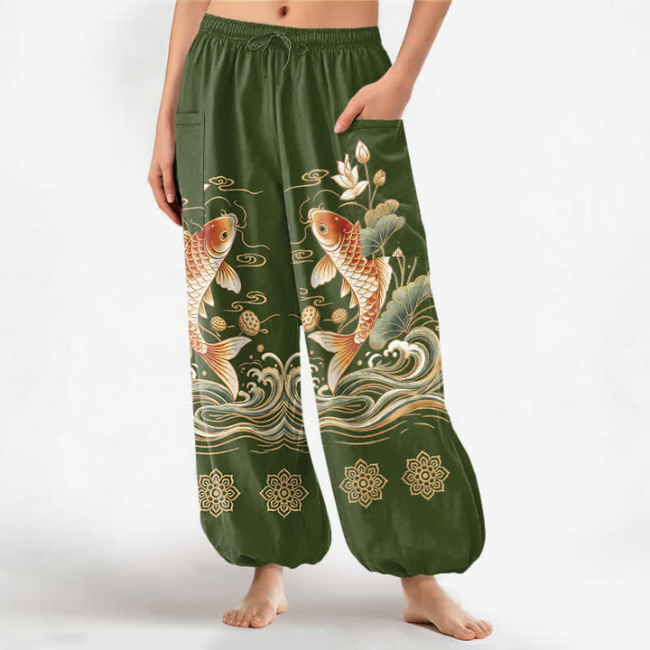 Buddha Stones Cotton Golden Koi Lotus Wave Pattern Women's Elastic Waist Harem Pants With Side Pockets - DarkOliveGreen - US16，UK/AU20，EU48 (3XL) - image 10