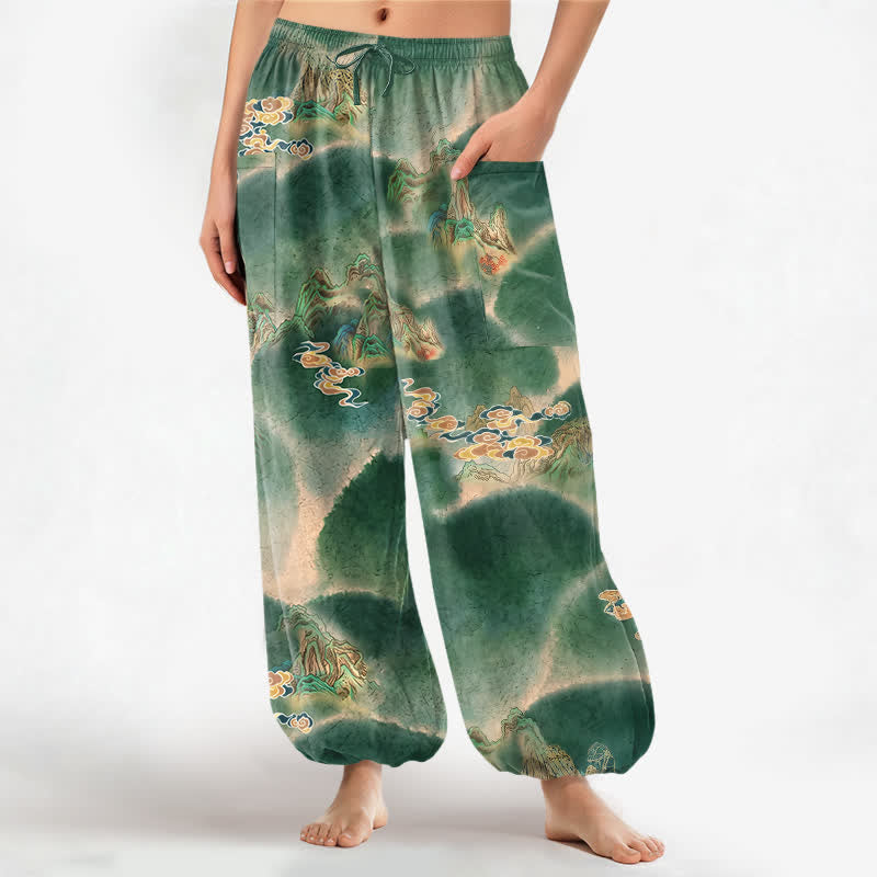 Buddha Stones Cotton Misty Landscape Motif Pattern Women's Elastic Waist Harem Pants With Side Pockets - SeaGreen - US16，UK/AU20，EU48 (3XL) - image 0