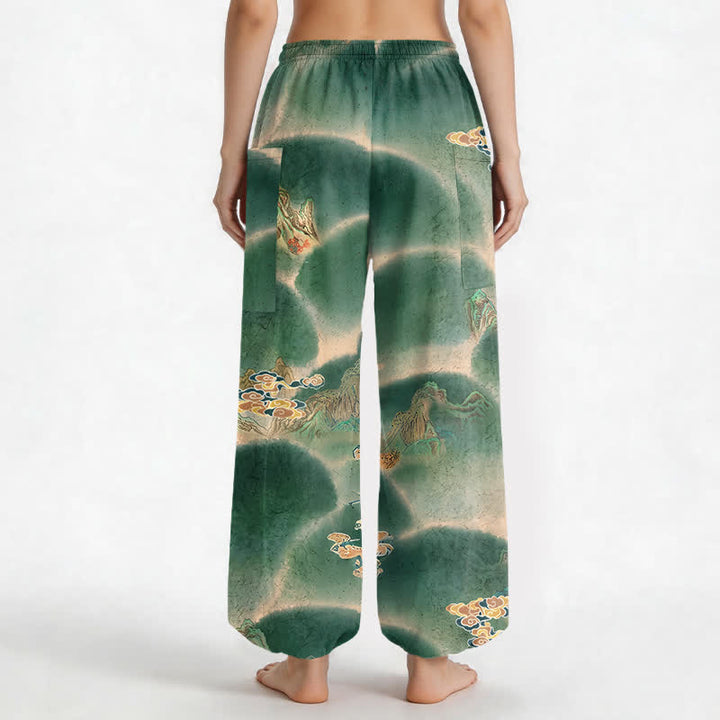 Buddha Stones Cotton Misty Landscape Motif Pattern Women's Elastic Waist Harem Pants With Side Pockets - image 2
