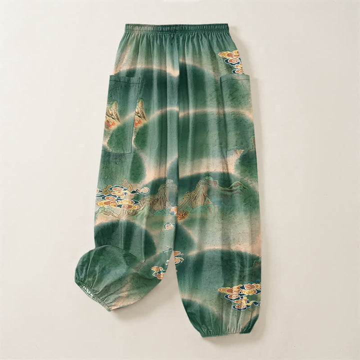 Buddha Stones Cotton Misty Landscape Motif Pattern Women's Elastic Waist Harem Pants With Side Pockets - image 4