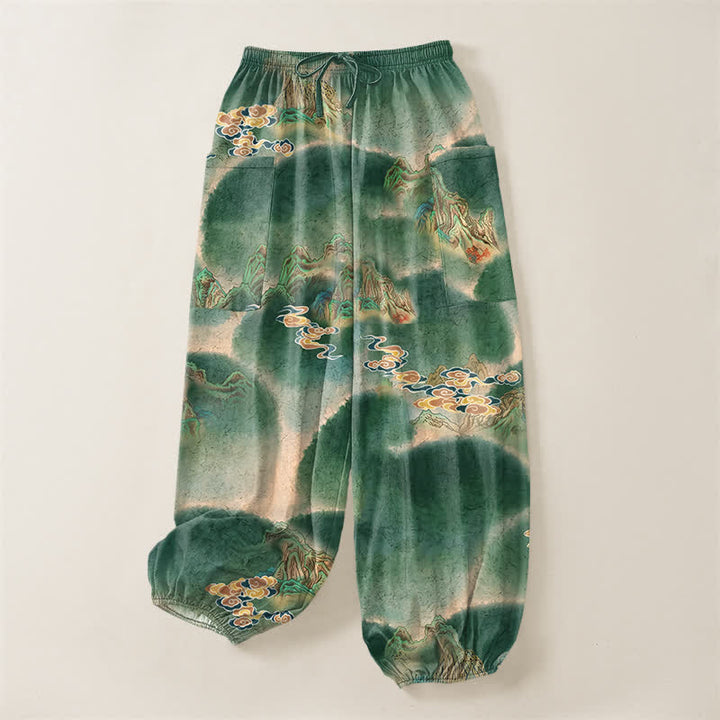 Buddha Stones Cotton Misty Landscape Motif Pattern Women's Elastic Waist Harem Pants With Side Pockets - image 3