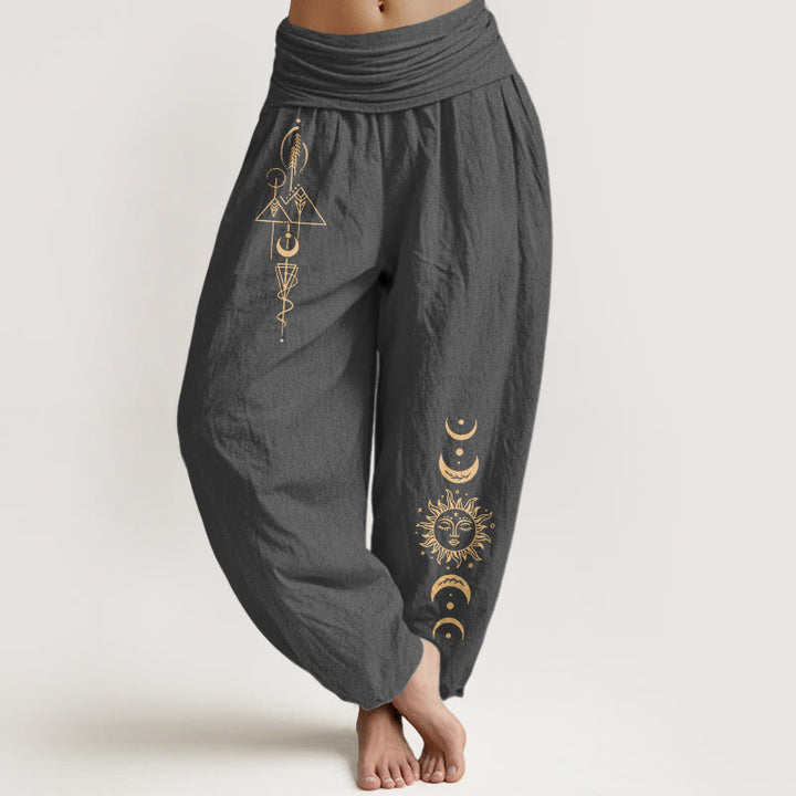 Buddha Stones Pure Cotton Concise Sun Moon Geometric Pattern Women's Elastic Waist Harem Pants - DimGray - US16，UK/AU20，EU48 (3XL) - image 8