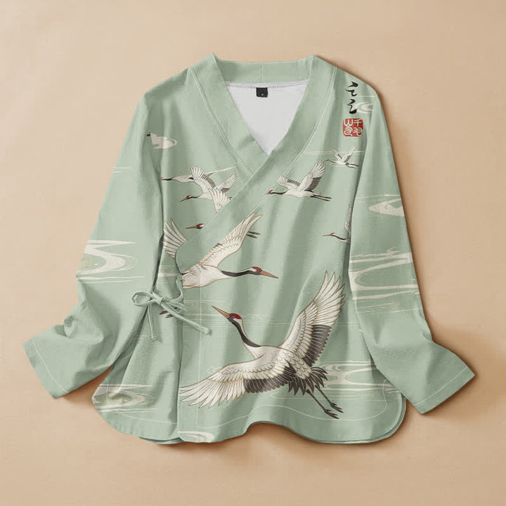 Buddha Stones Cotton Flying Crane Water Ripple Print Hanfu Style Wrap V-Neck Lace-up Women's Long Sleeve Shirts Kimono - PaleGreen - US16，UK/AU20，EU48 (3XL) - image 5