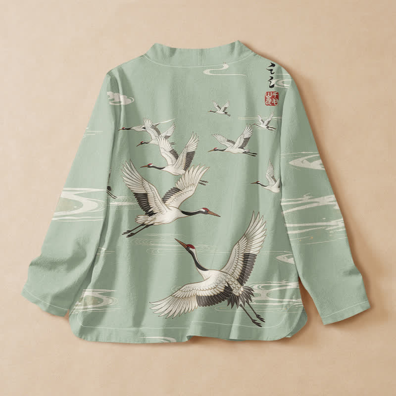 Buddha Stones Cotton Flying Crane Water Ripple Print Hanfu Style Wrap V-Neck Lace-up Women's Long Sleeve Shirts Kimono - image 6