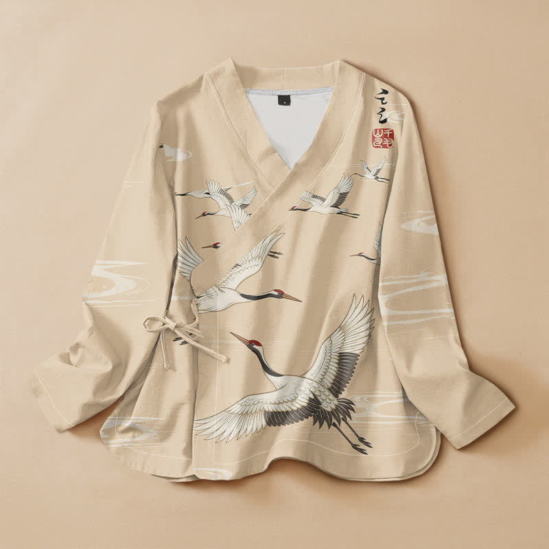 Buddha Stones Cotton Flying Crane Water Ripple Print Hanfu Style Wrap V-Neck Lace-up Women's Long Sleeve Shirts Kimono - Beige - US16，UK/AU20，EU48 (3XL) - image 7