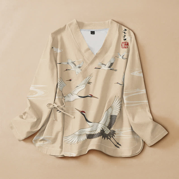 Buddha Stones Cotton Flying Crane Water Ripple Print Hanfu Style Wrap V-Neck Lace-up Women's Long Sleeve Shirts Kimono - Beige - US16，UK/AU20，EU48 (3XL) - image 7