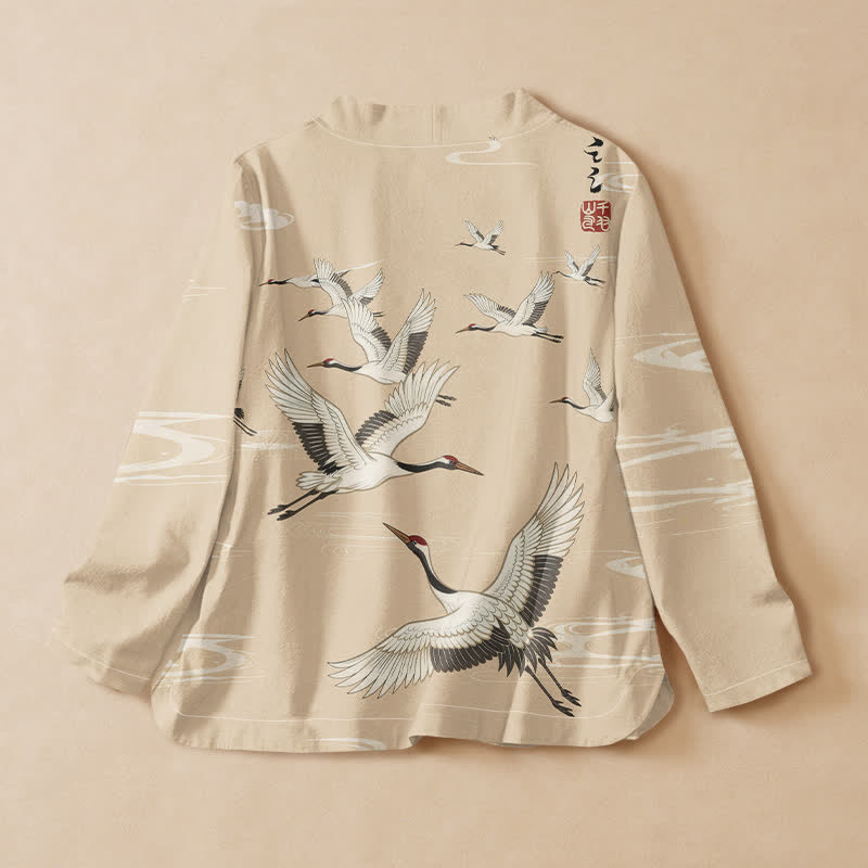 Buddha Stones Cotton Flying Crane Water Ripple Print Hanfu Style Wrap V-Neck Lace-up Women's Long Sleeve Shirts Kimono - image 8