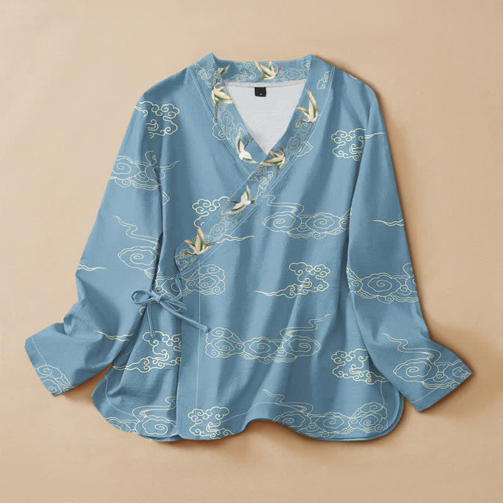 Buddha Stones Cotton Cloud Crane Print Hanfu Style Wrap V-Neck Lace-up Women's Long Sleeve Shirts Kimono - LightBlue - US16，UK/AU20，EU48 (3XL) - image 0
