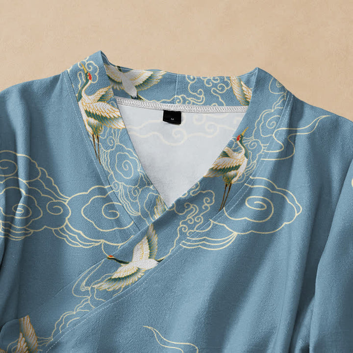 Buddha Stones Cotton Cloud Crane Print Hanfu Style Wrap V-Neck Lace-up Women's Long Sleeve Shirts Kimono - image 2