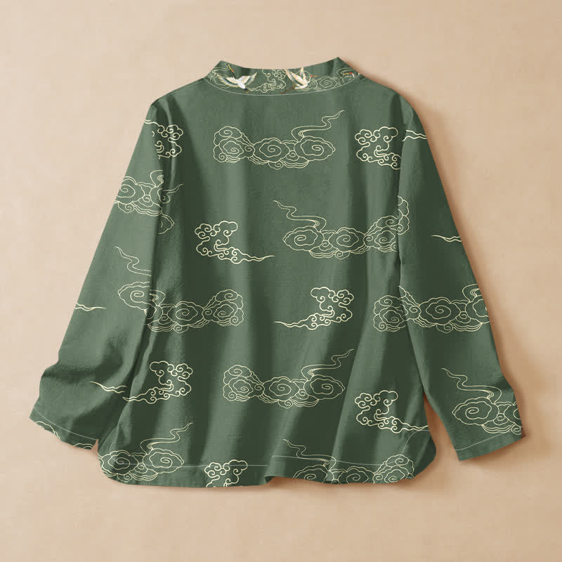 Buddha Stones Cotton Cloud Crane Print Hanfu Style Wrap V-Neck Lace-up Women's Long Sleeve Shirts Kimono - image 8
