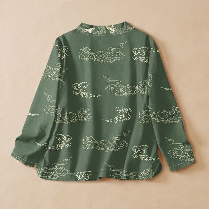 Buddha Stones Cotton Cloud Crane Print Hanfu Style Wrap V-Neck Lace-up Women's Long Sleeve Shirts Kimono - image 8