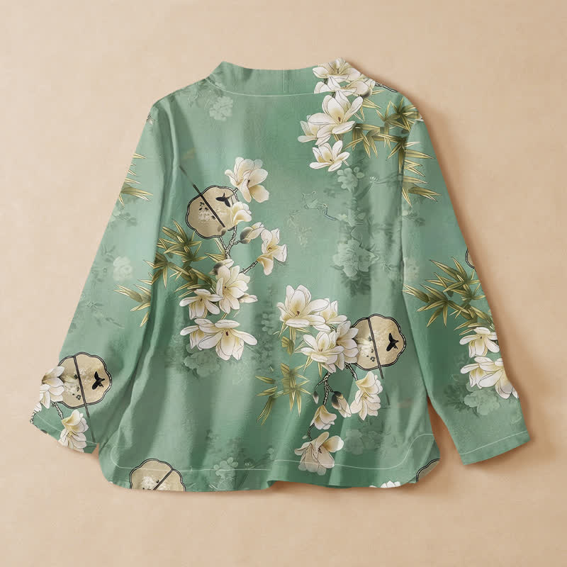 Buddha Stones Cotton Magnolia Bamboo Fan Print Hanfu Style Wrap V-Neck Lace-up Women's Long Sleeve Shirts - image 1