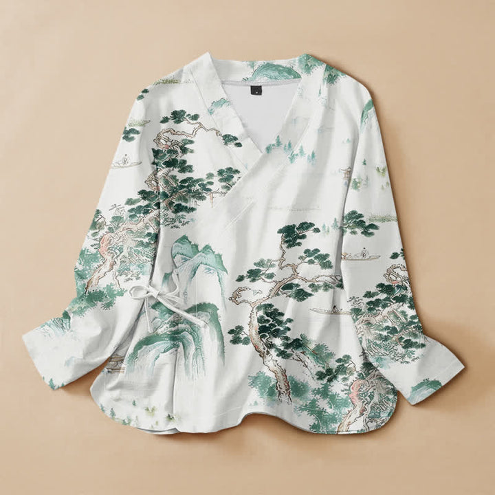 Buddha Stones Cotton Pine Tree Landscape Print Hanfu Style Wrap V-Neck Lace-up Women's Long Sleeve Shirts Kimono - Honeydew - US16，UK/AU20，EU48 (3XL) - image 0