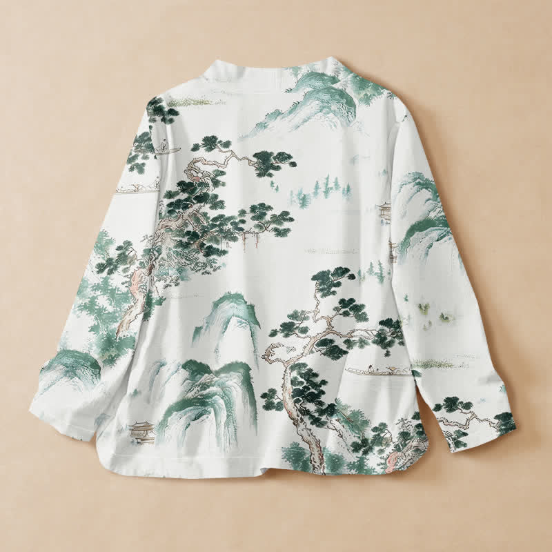 Buddha Stones Cotton Pine Tree Landscape Print Hanfu Style Wrap V-Neck Lace-up Women's Long Sleeve Shirts Kimono - image 1