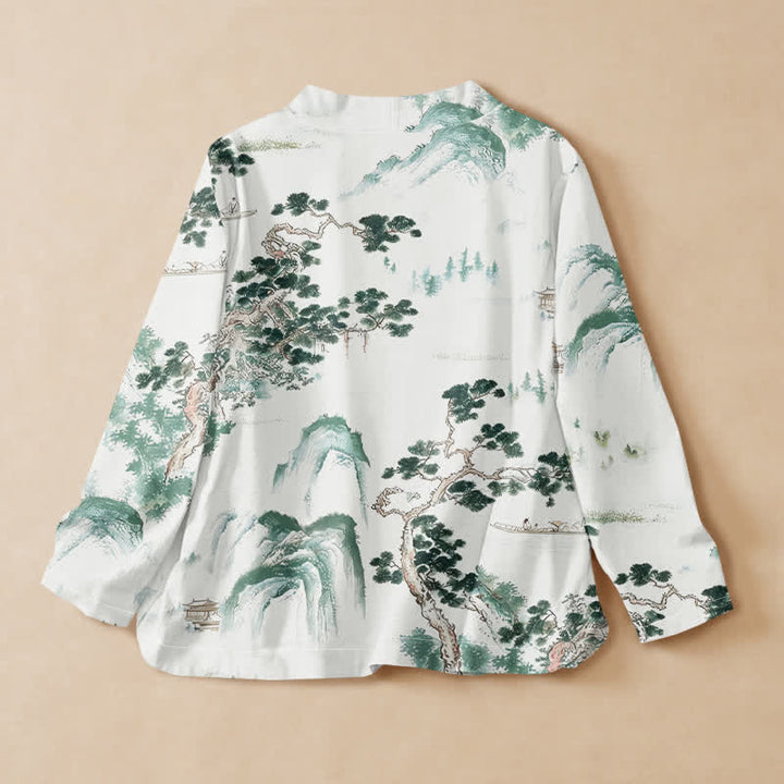 Buddha Stones Cotton Pine Tree Landscape Print Hanfu Style Wrap V-Neck Lace-up Women's Long Sleeve Shirts Kimono - image 1